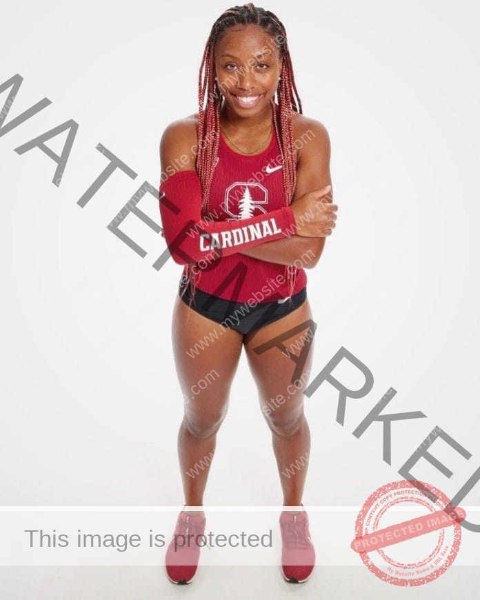 Alaysia Oakes posing in her Stanford track uniform.