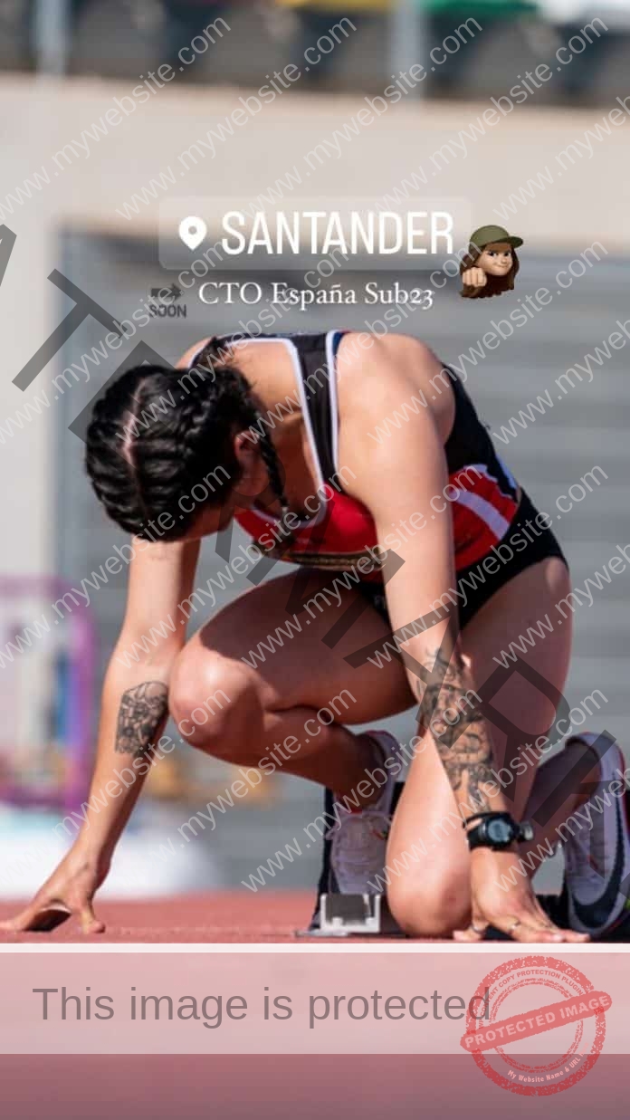 Liaa Caride, a female track and field athlete with braids and tattoos, kneels in red and black at the blocks. "Santander CTO España Sub23" appears above with a thinking emoji.