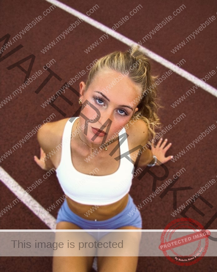 Nadja Rugland sitting on the track looking up at the camera, wearing a white sports bra and blue tight shorts.