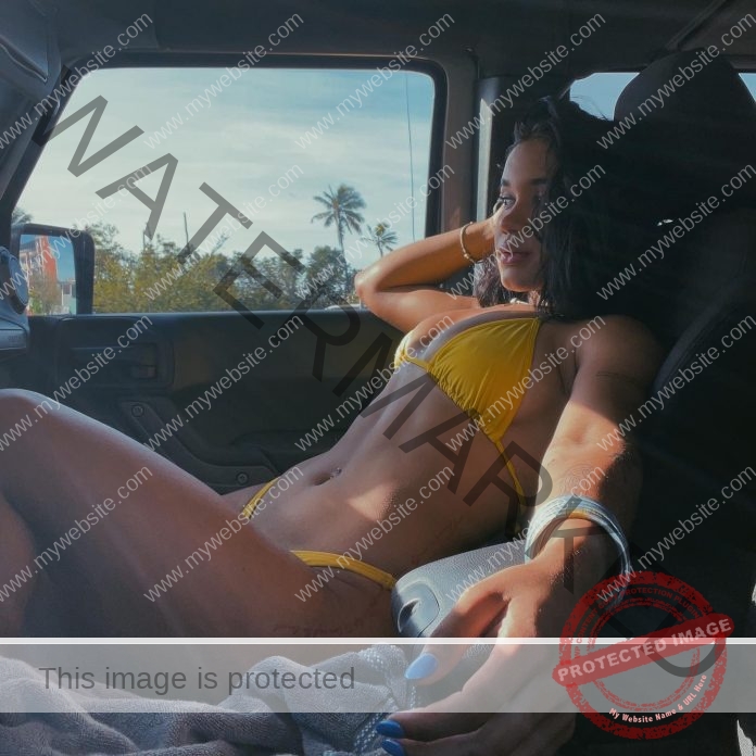 Puerto Rican model Paola Gabriela Ortiz poses in yellow bikini inside car.