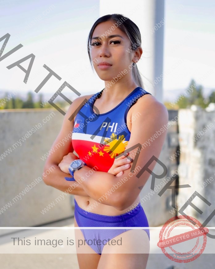 Alyana Nicolas representing the Philippines in vibrant athletic wear, exuding confidence and national pride.