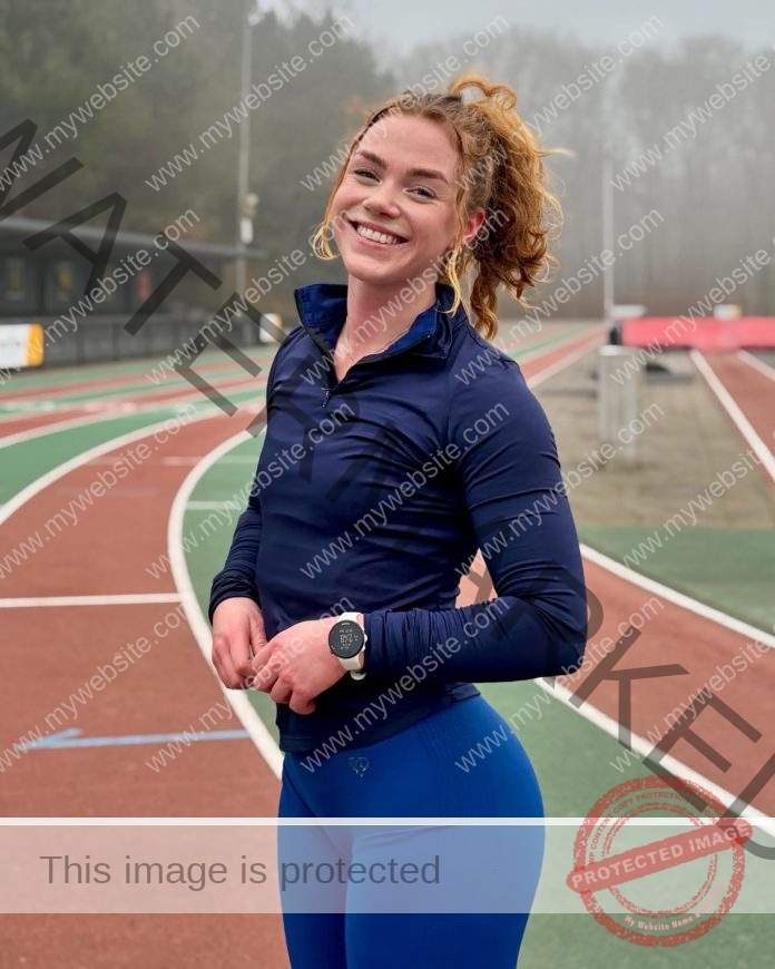 Bente De Jager smiling on a track field wearing navy top and blue leggings.