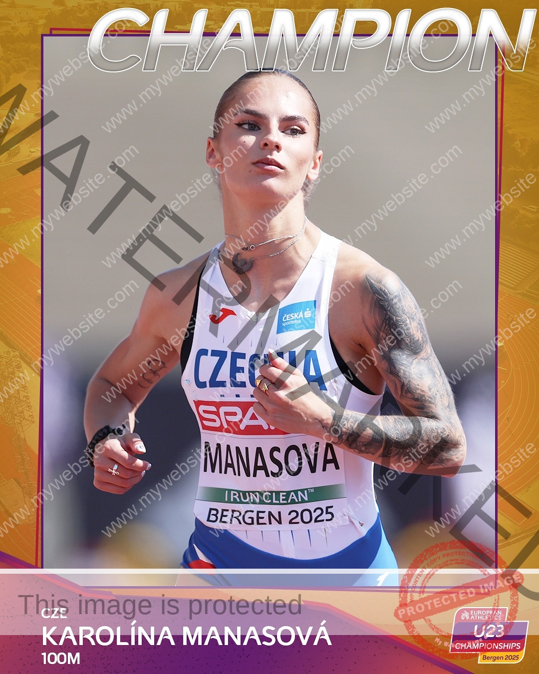 karolina-manasova-czechia-karolina_manasova-383 Karolína Maňasová of Czechia runs in a race, wearing a white and blue CZECHIA uniform. A CHAMPION banner is at the top.