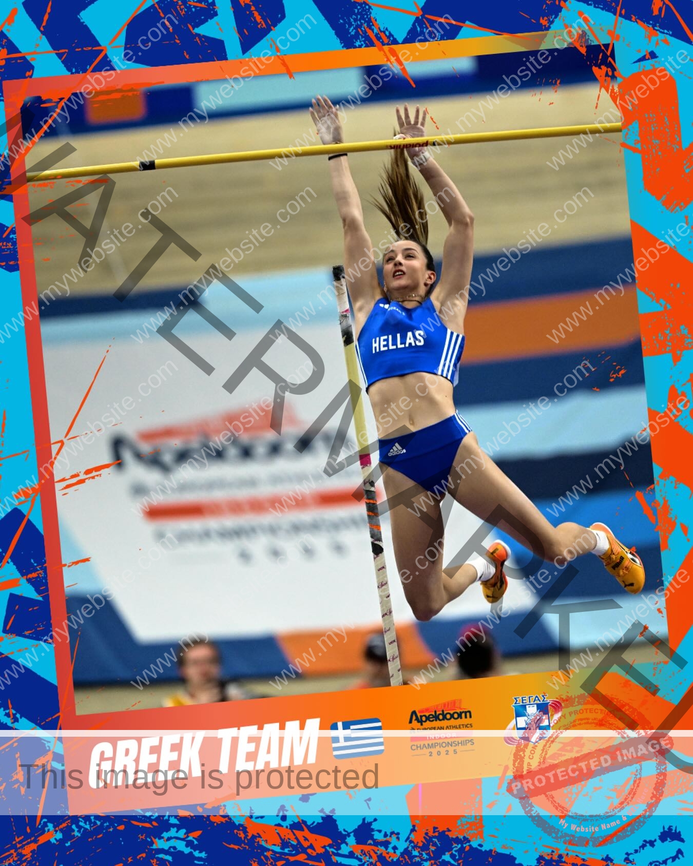 ariadni-adamopoulou-greece-ariadni_adam-09126 Ariadni Adamopoulou, pole vaulter from Greece and Oklahoma State, in blue HELLAS gear clearing the bar, Greek flag in border.