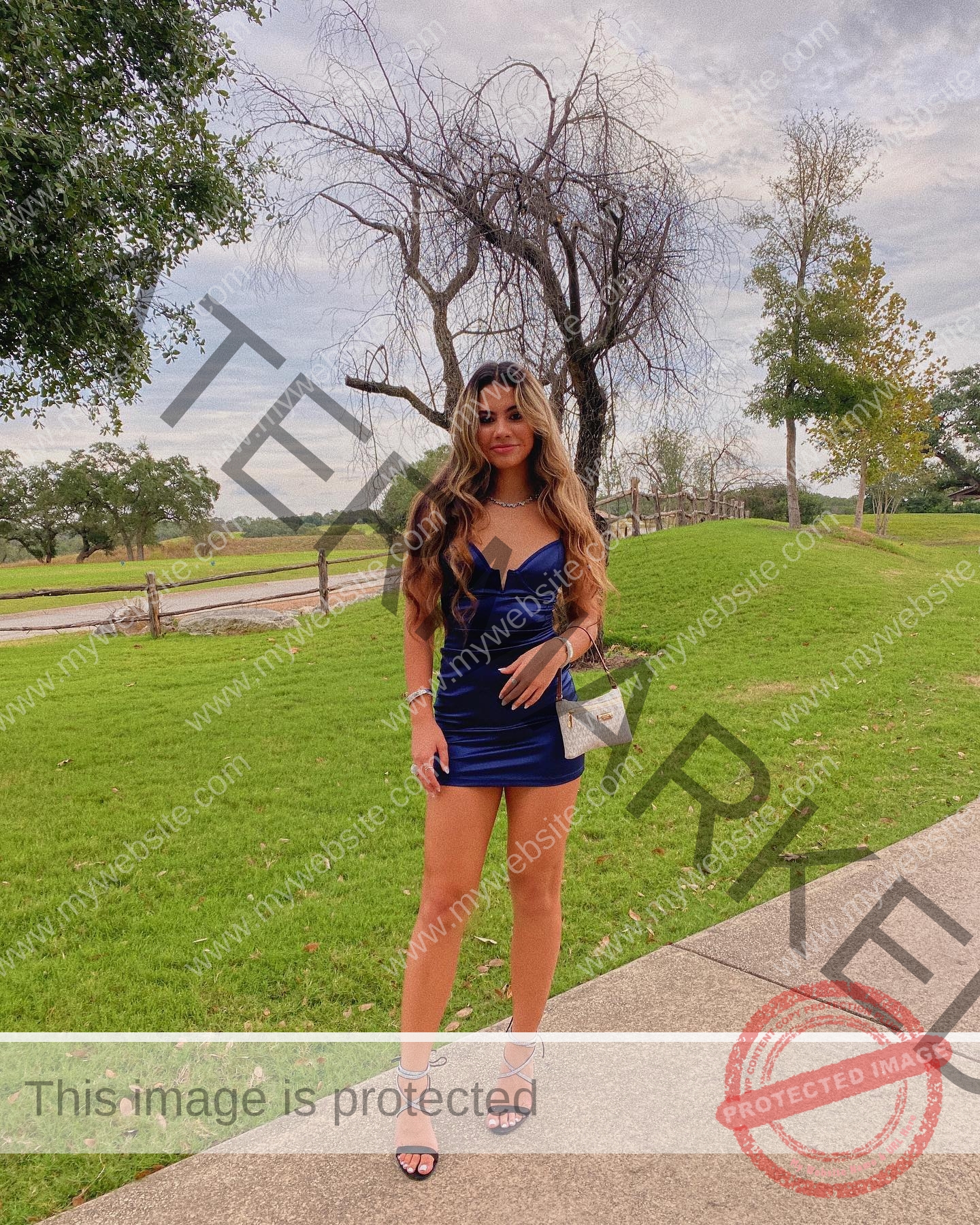 ciandra-carrico-trinity-ciandracarrico-4083 Ciandra Carrico, track athlete from Trinity, stands in a grassy park in a dark blue dress and heels, holding a small white purse.