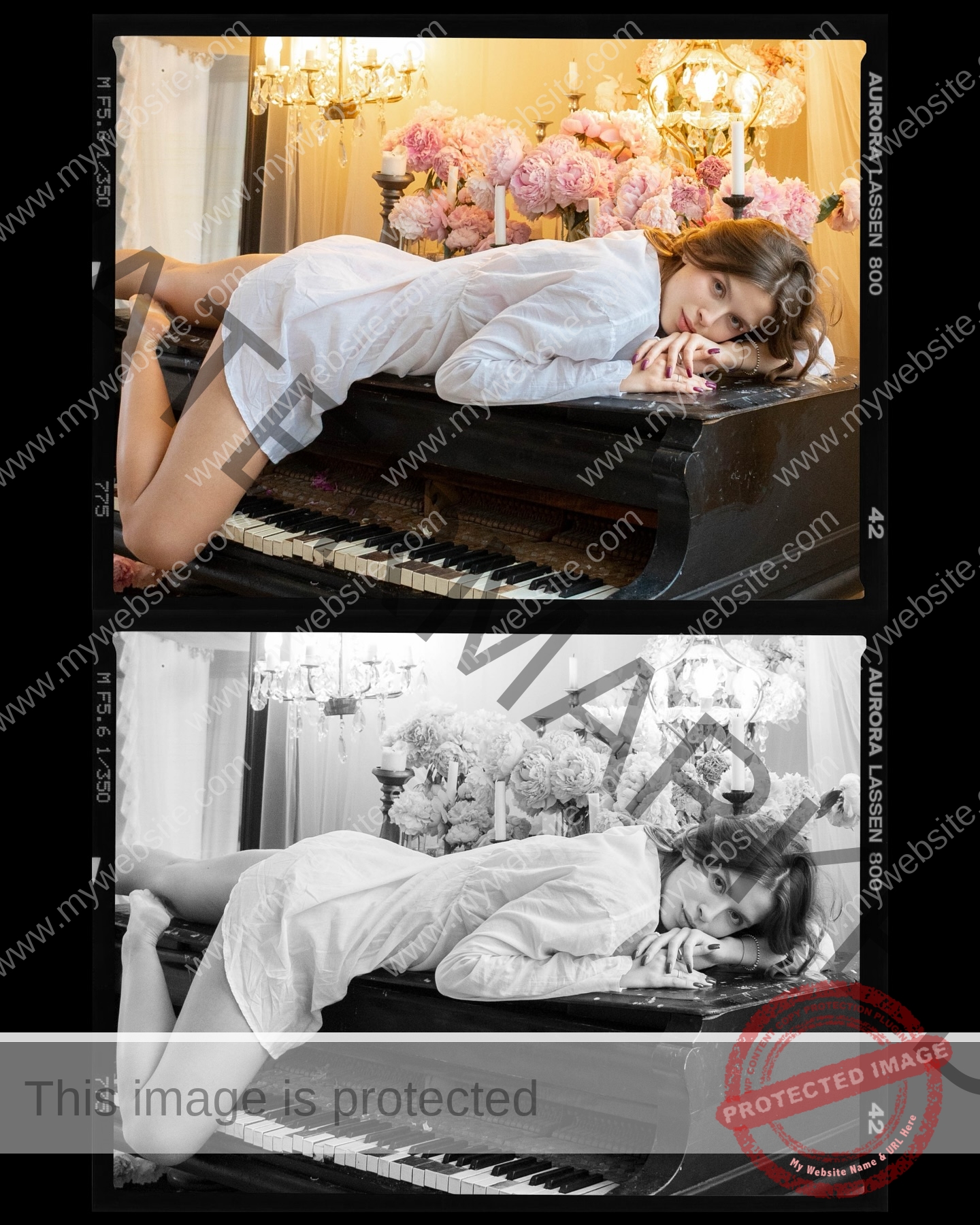 daria-polyanskaya-ukraine-polyanska.ya-x-08694 Daria-Polyanskaya, track athlete from Ukraine lies atop a grand piano with flowers and lamps; both color and B&W film-negative styles.