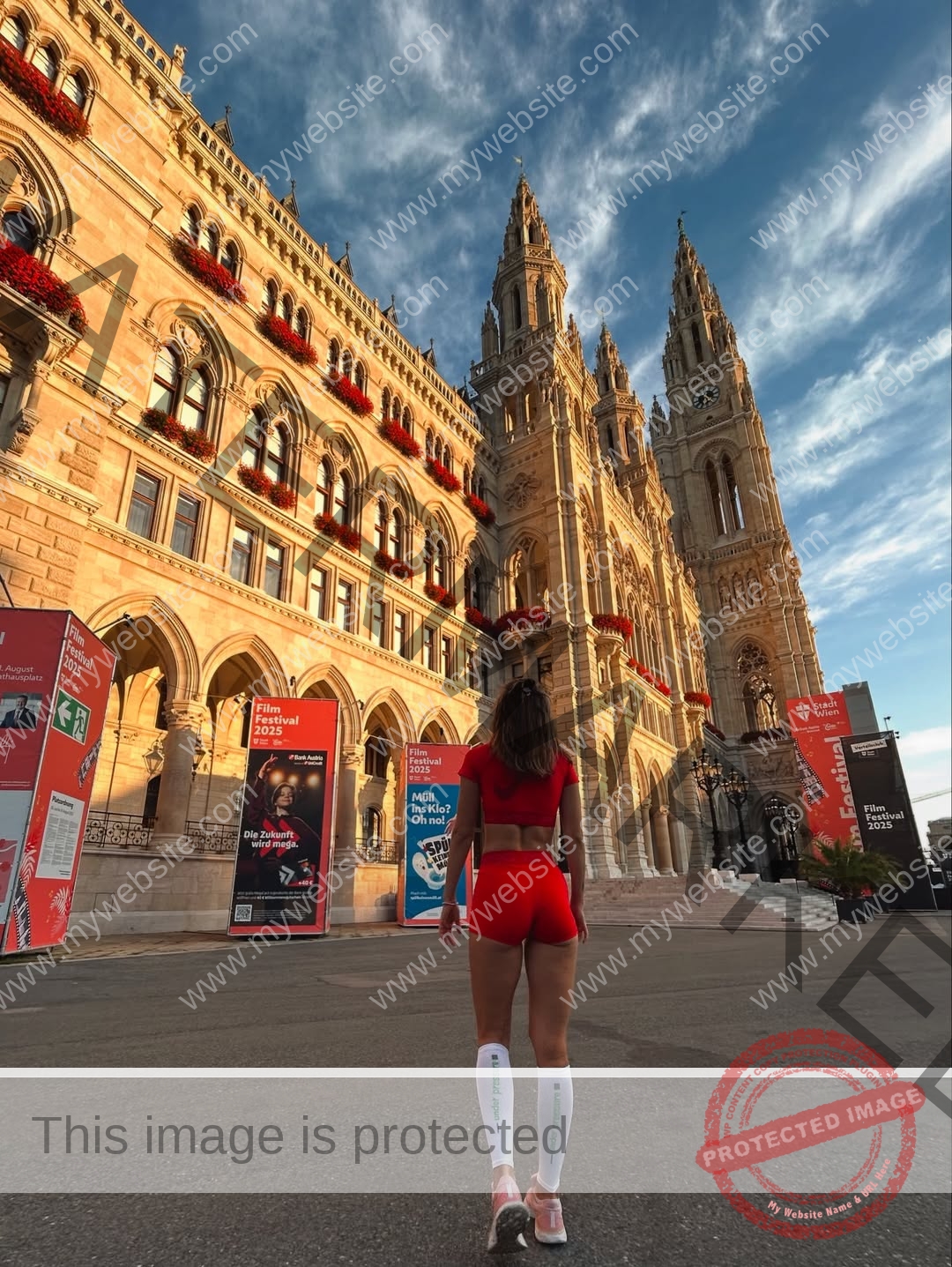 daria-polyanskaya-ukraine-polyanska.ya-x-09110 Daria-Polyanskaya, track athlete from Ukraine stands in red athletic wear before a grand building with towers and red banners in sunlight.