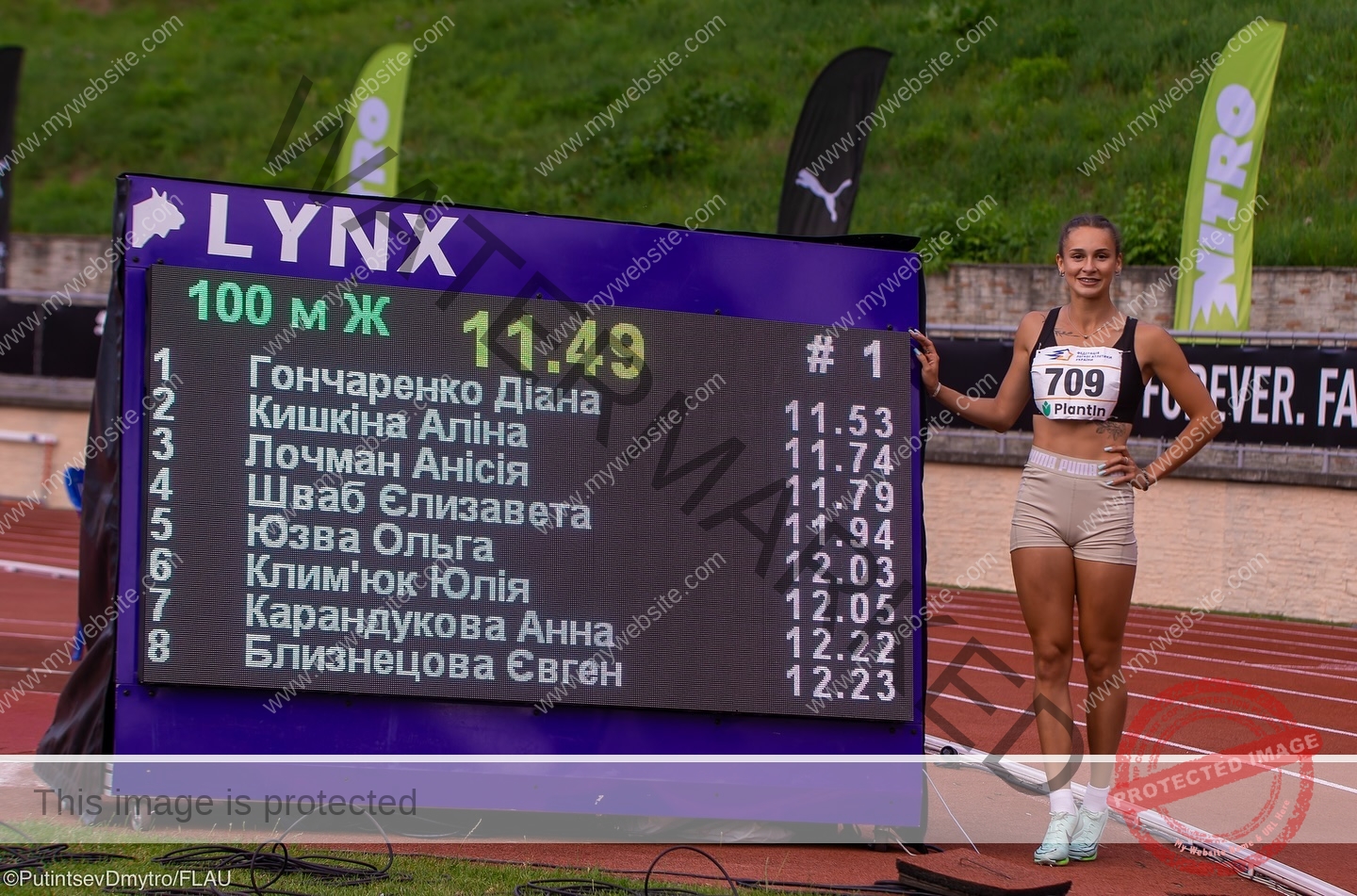 diana-honcharenka-ukraine-goncharenko_43-09824 Diana Honcharenka, track athlete from Ukraine, smiles by a scoreboard showing her 11.49s win in the women’s 100m, on a track.