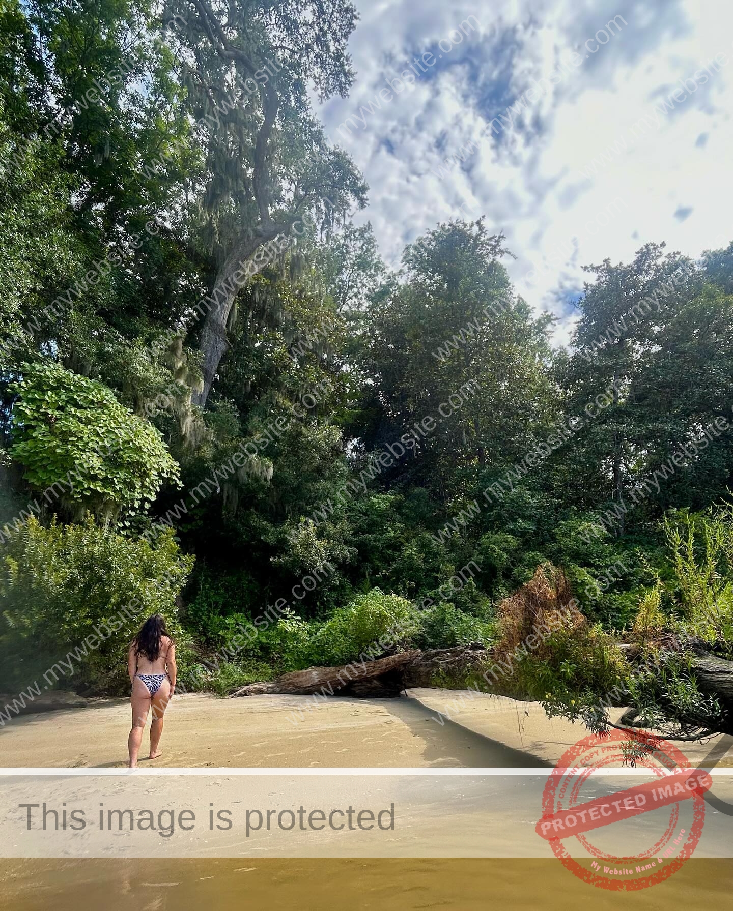 rosa-gergely-wake-forest-th-ro_gerg-08297 Rosa Gergely Rosa Gergely, a Wake Forest track and field athlete, walks on a sandy riverbank in a swimsuit among lush greenery.