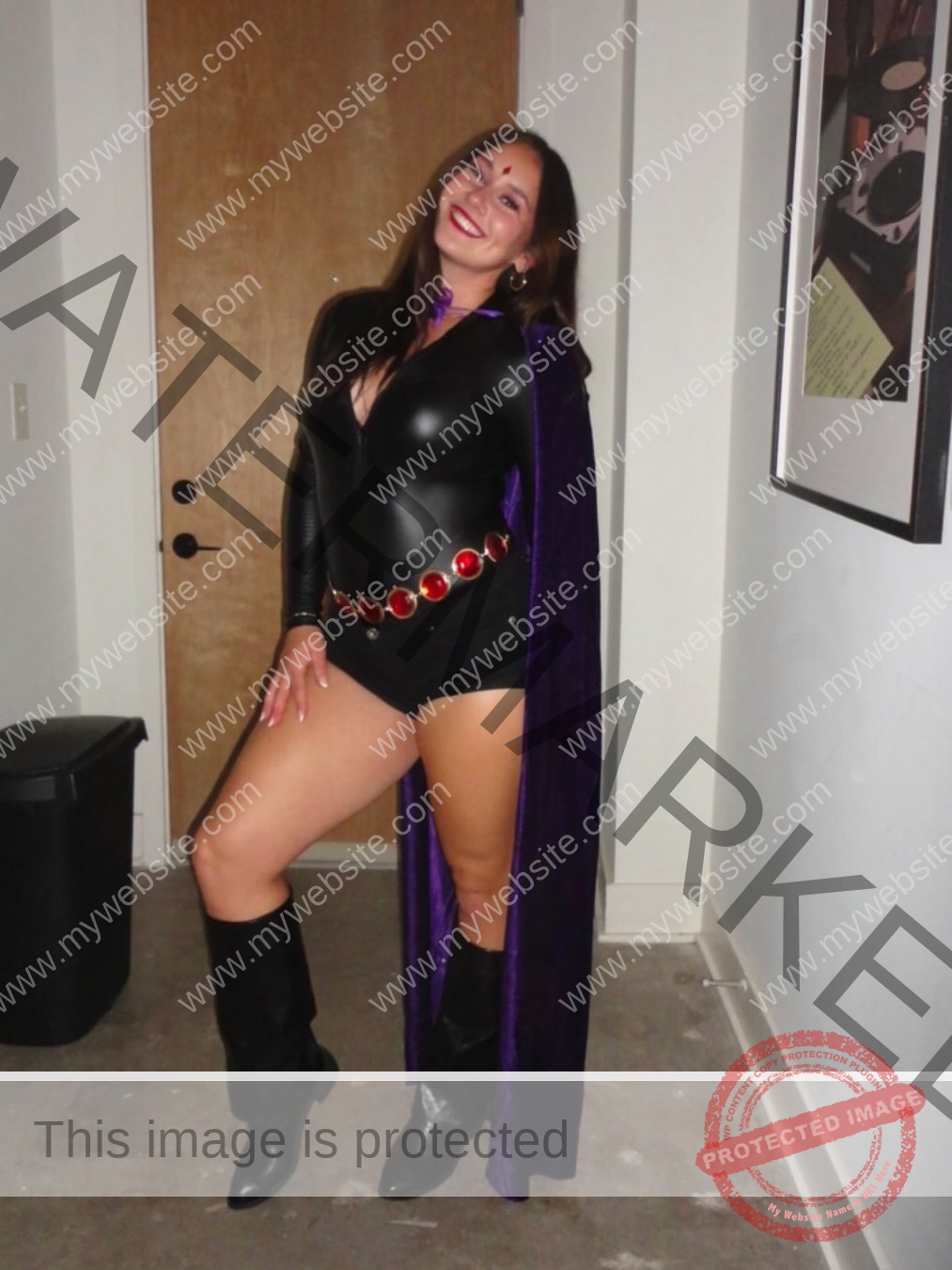 rosa-gergely-wake-forest-th-ro_gerg-08350 Rosa Gergely Rosa Gergely, a Wake Forest athlete, poses in a hallway as Raven—black bodysuit, purple cape, boots, and confident smile.