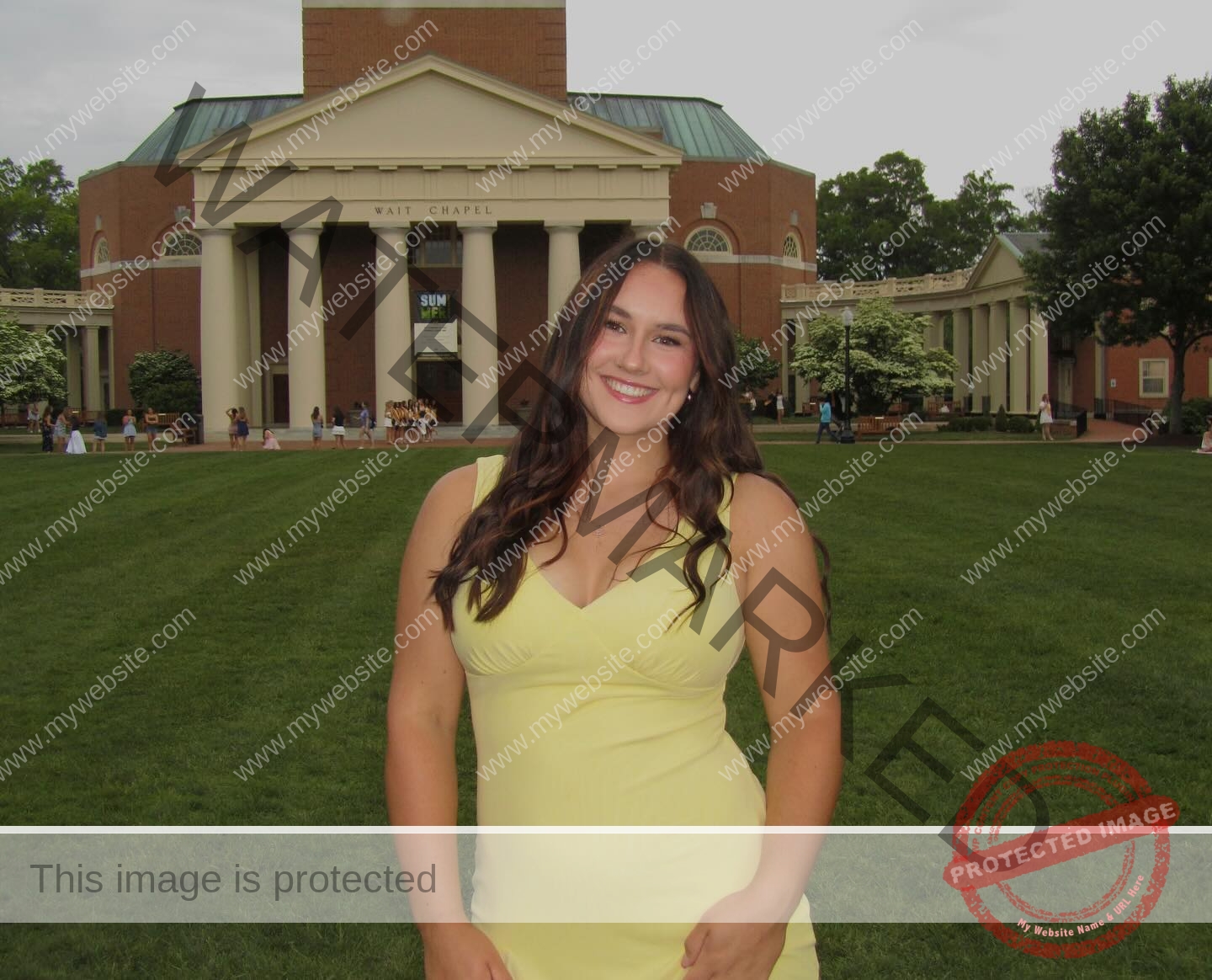 rosa-gergely-wake-forest-th-ro_gerg-2010 Rosa Gergely, javelin thrower from Wake Forest, stands smiling in a yellow dress on a large lawn before Wait Chapel, cloudy day.