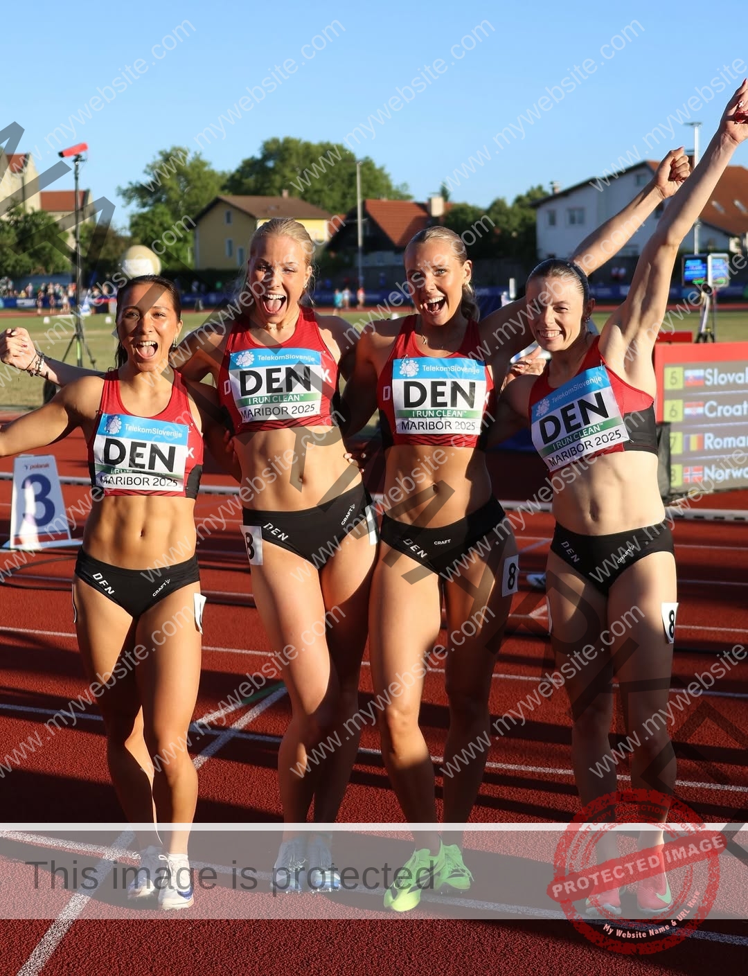 amaya-kruse-jorgensen-denmark-amayajorgensen-0309 Amaya Kruse Jorgensen, track and field star from Denmark, with three teammates smiling and celebrating on a sunny track after a race.