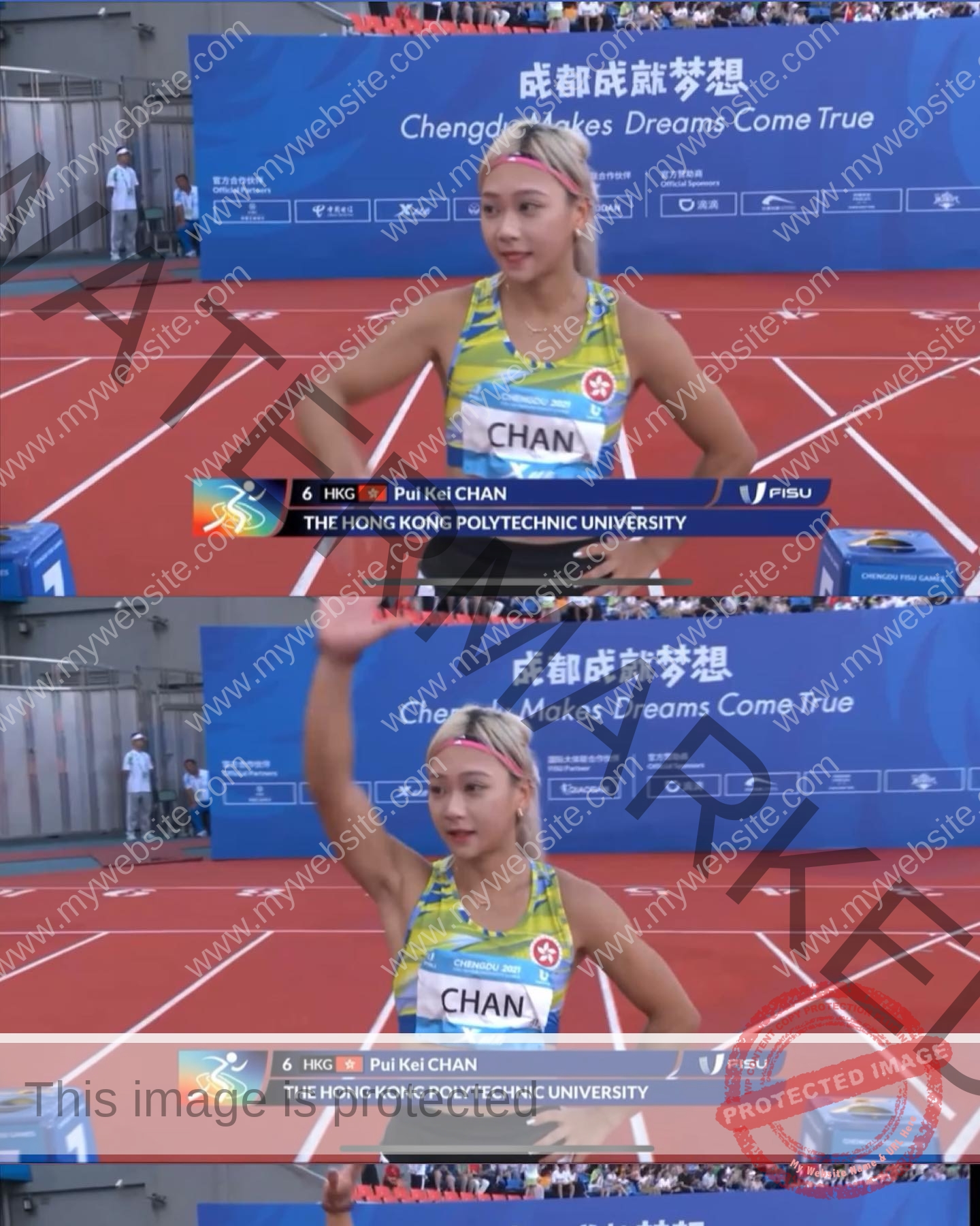 chan-pui-kei-hong-kong-chanpuikeii-02941 Chan Pui Kei, track and field star from Hong Kong, wears a yellow and green uniform, raises her right hand and smiles on the track.