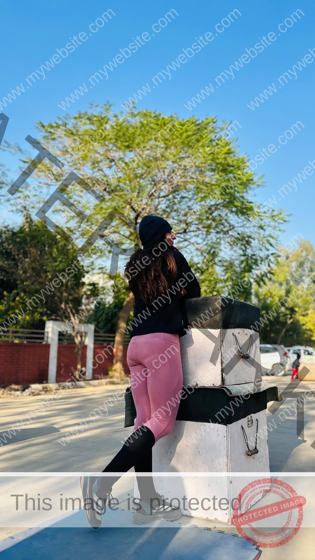 niharika-vashisht-india-niharika.vashhisht-05790 Niharika Vashisht, track and field star from India, in pink leggings and black top, leans on gym boxes outdoors under a blue sky.