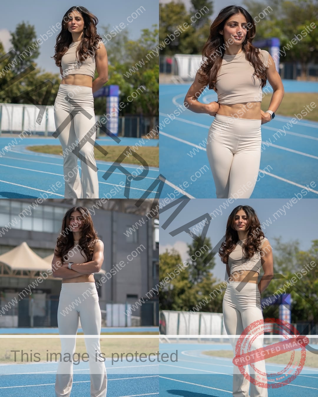niharika-vashisht-india-niharika.vashhisht-06011 Niharika Vashisht, track and field star from India, poses confidently with long brown hair on a blue track in four stances.