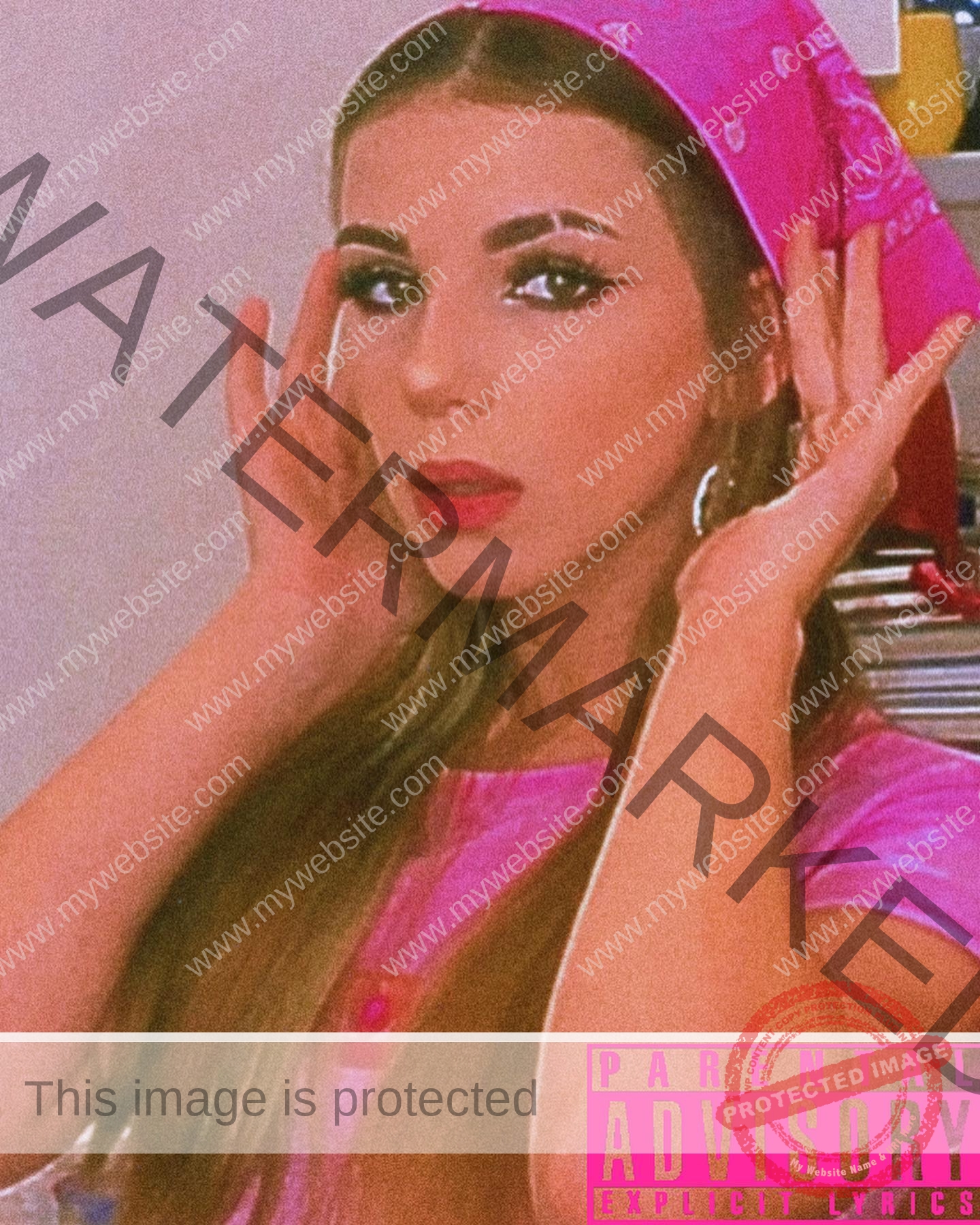 viktoriya-antipova-russia-viichkaaaaa-03447 Viktoriya Antipova, track and field star from Russia, in pink outfit and bandana poses with bold makeup; Parental Advisory label shown.